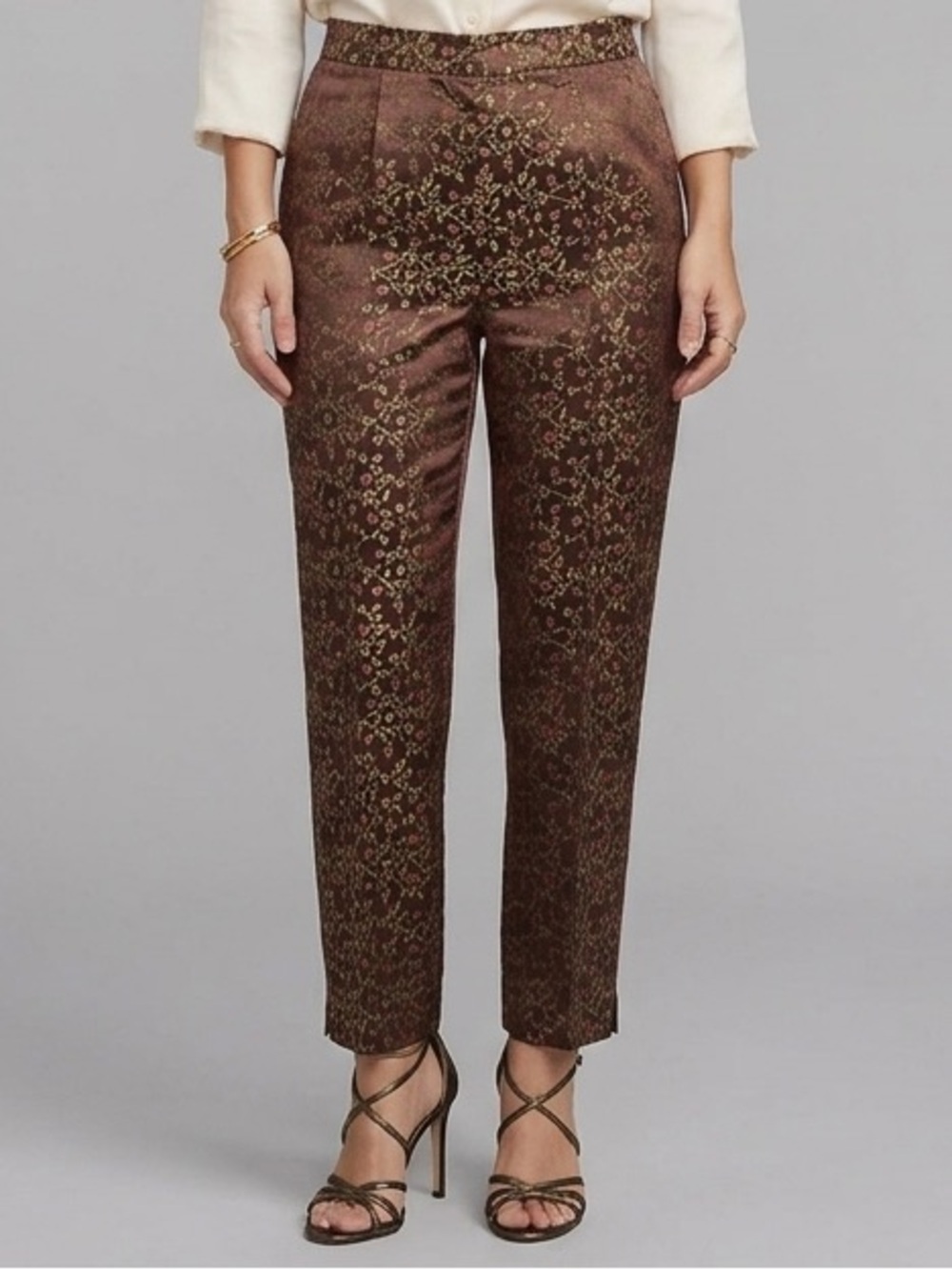 Brown Chinese Satin Brocade High Rise Tapered Crop Pants - S/M